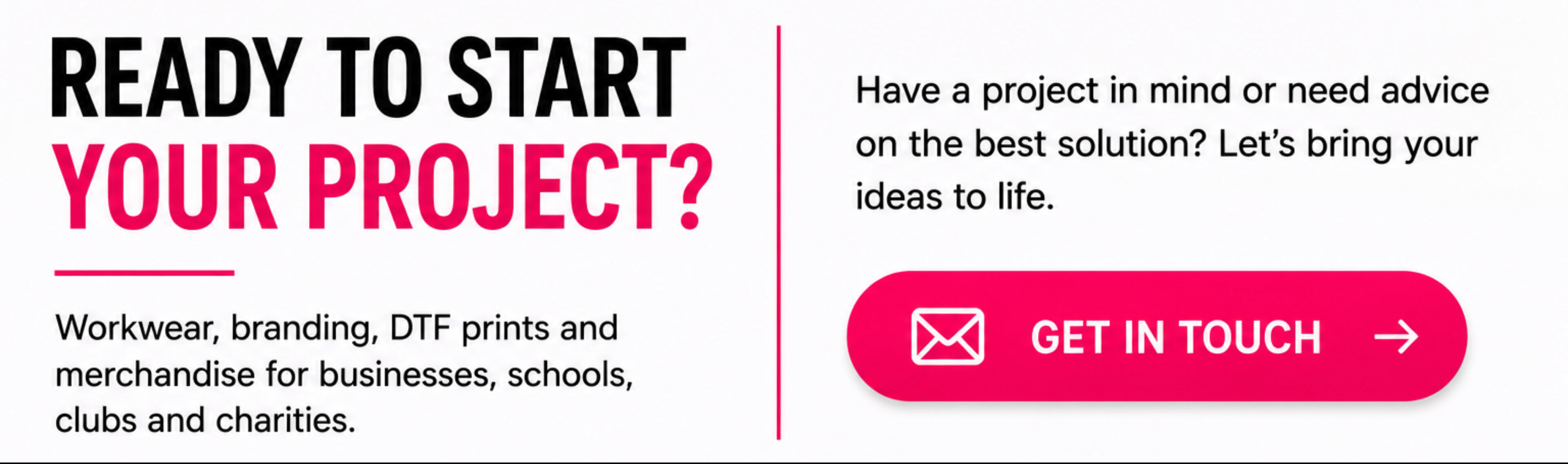 Ready to start your project? Contact Her Creations Print Room for workwear, branding, DTF prints and personalised merchandise. Includes email contact details, Facebook page information and support for businesses, schools, clubs and charities across Dorset