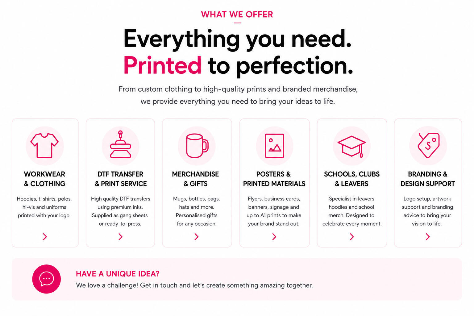Everything you need printed to perfection – Her Creations Print Room services including workwear and clothing, DTF transfer printing, personalised merchandise and gifts, posters and printed materials, schools and leavers products, and branding support for