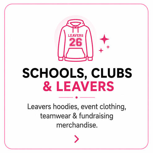 School leavers hoodies, club merchandise and event clothing