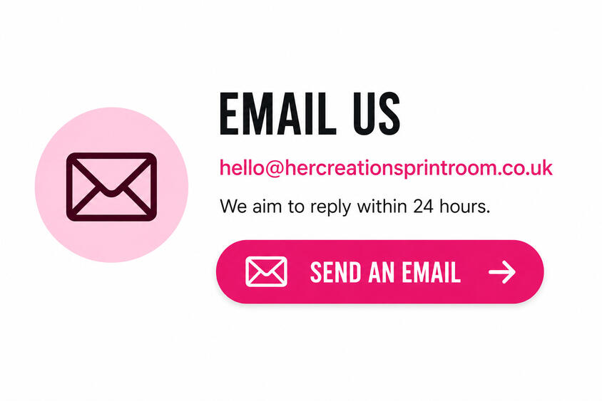 Email Her Creations Print Room for help with workwear, DTF prints, fundraising projects, merchandise, school orders and branding enquiries.